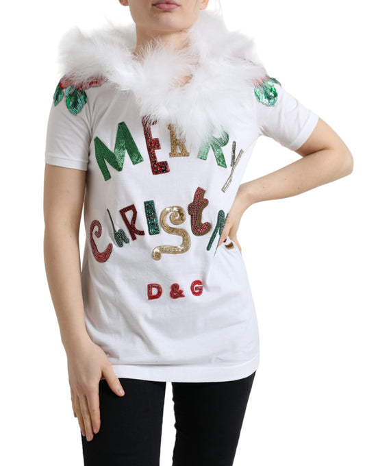 Dolce &amp; Gabbana White Cotton Christmas Sequin Fur T-shirt
