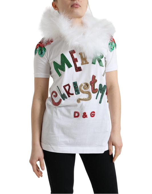 Dolce &amp; Gabbana White Cotton Christmas Sequin Fur T-shirt