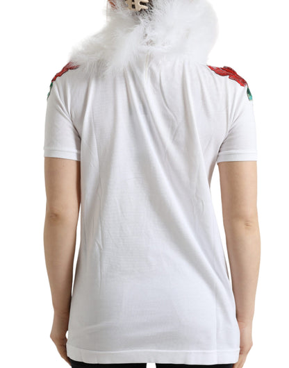 Dolce &amp; Gabbana White Cotton Christmas Sequin Fur T-shirt
