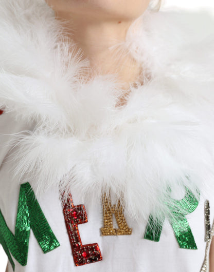 Dolce &amp; Gabbana White Cotton Christmas Sequin Fur T-shirt