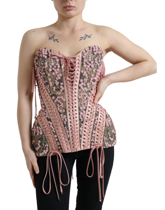 Dolce &amp; Gabbana Pink Floral Applique Bustier Corset Top