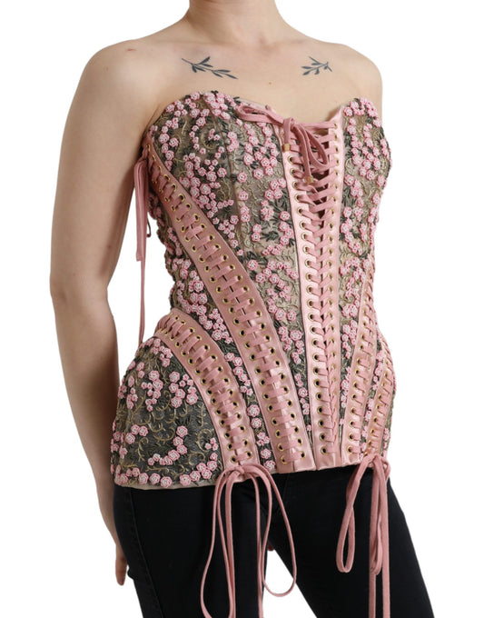 Dolce &amp; Gabbana Pink Floral Applique Bustier Corset Top