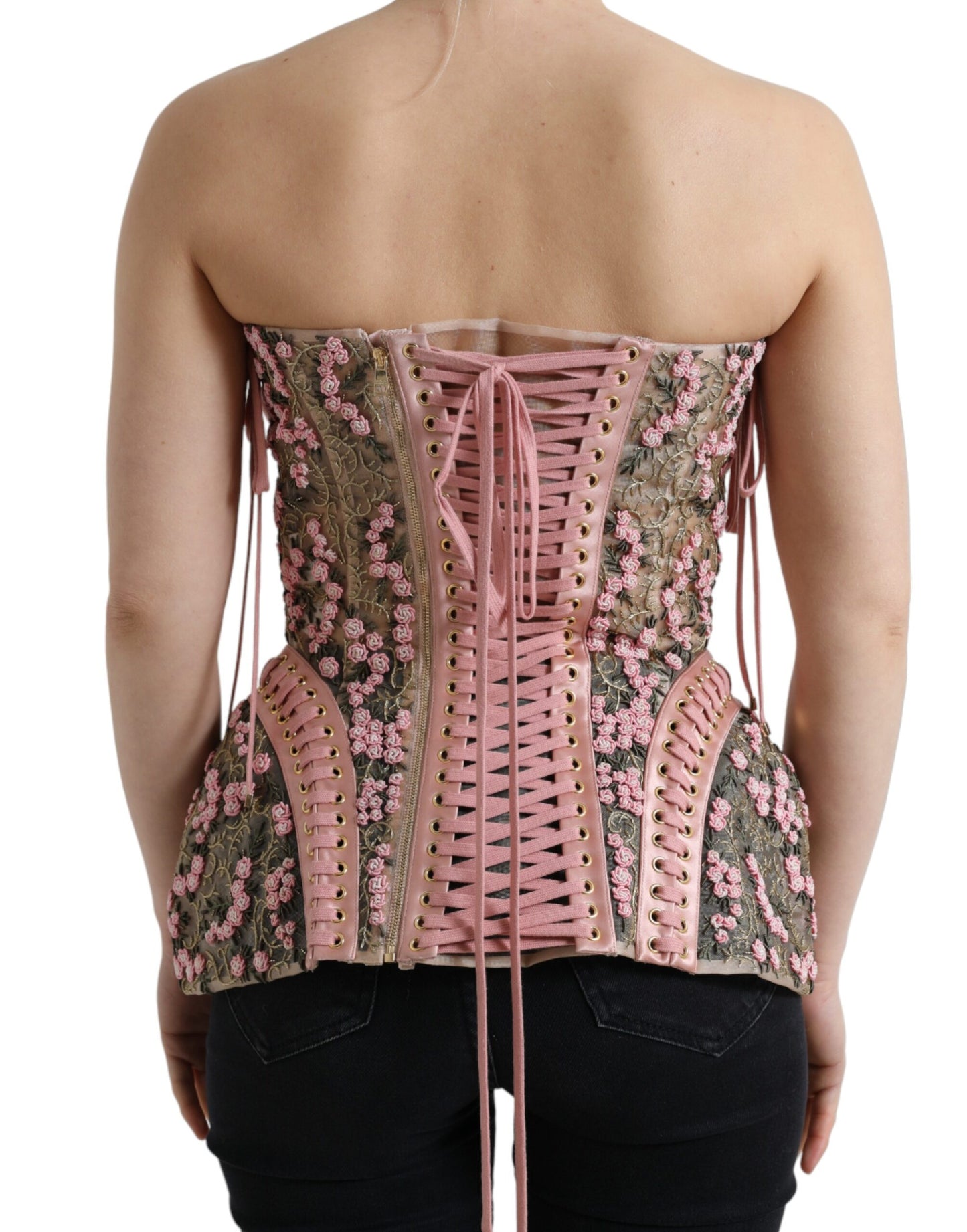 Dolce &amp; Gabbana Pink Floral Applique Bustier Corset Top