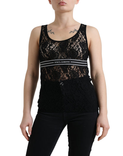 Dolce &amp; Gabbana Black Logo Stripe Lace Sleeveless Tank Top