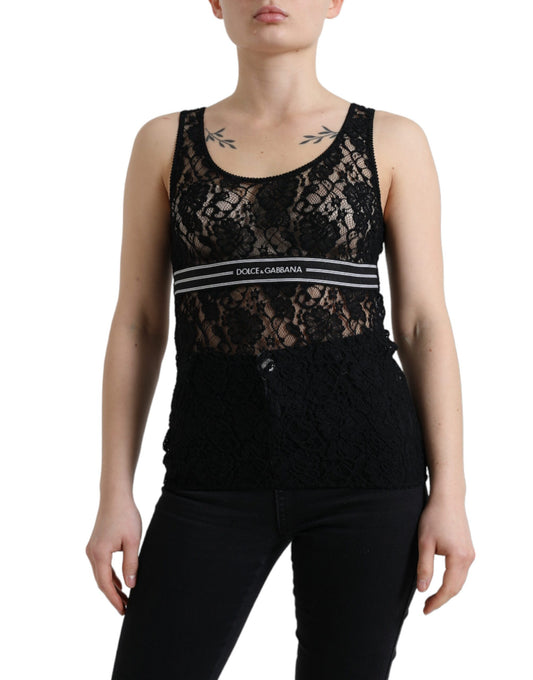 Dolce &amp; Gabbana Black Logo Stripe Lace Sleeveless Tank Top