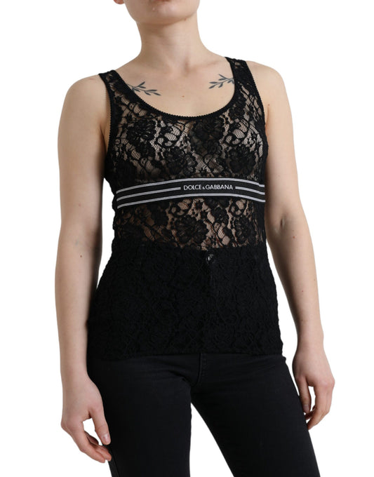 Dolce &amp; Gabbana Black Logo Stripe Lace Sleeveless Tank Top