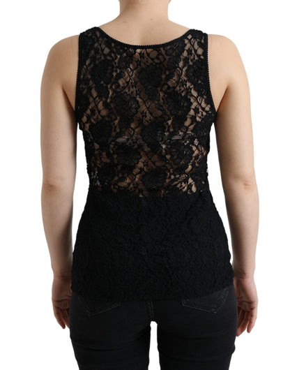 Dolce &amp; Gabbana Black Logo Stripe Lace Sleeveless Tank Top