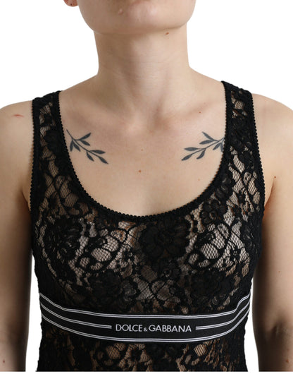 Dolce &amp; Gabbana Black Logo Stripe Lace Sleeveless Tank Top