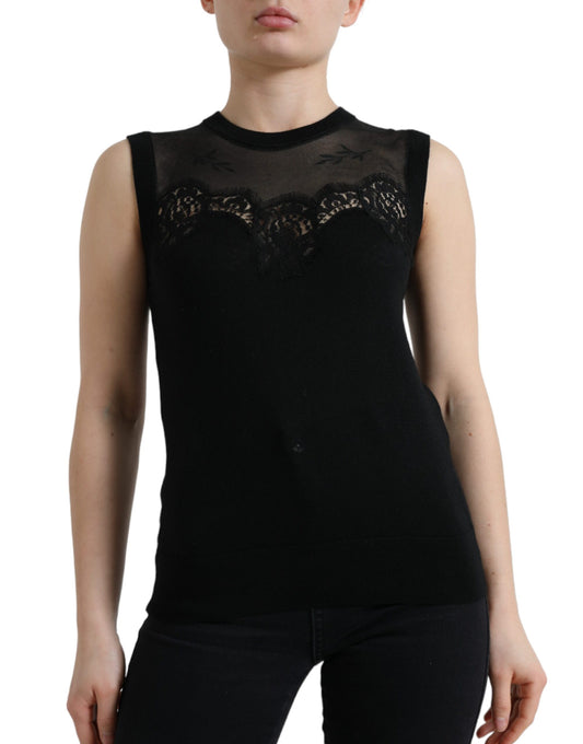 Dolce &amp; Gabbana Black Cashmere Lace Trim Sleeveless Tank Top
