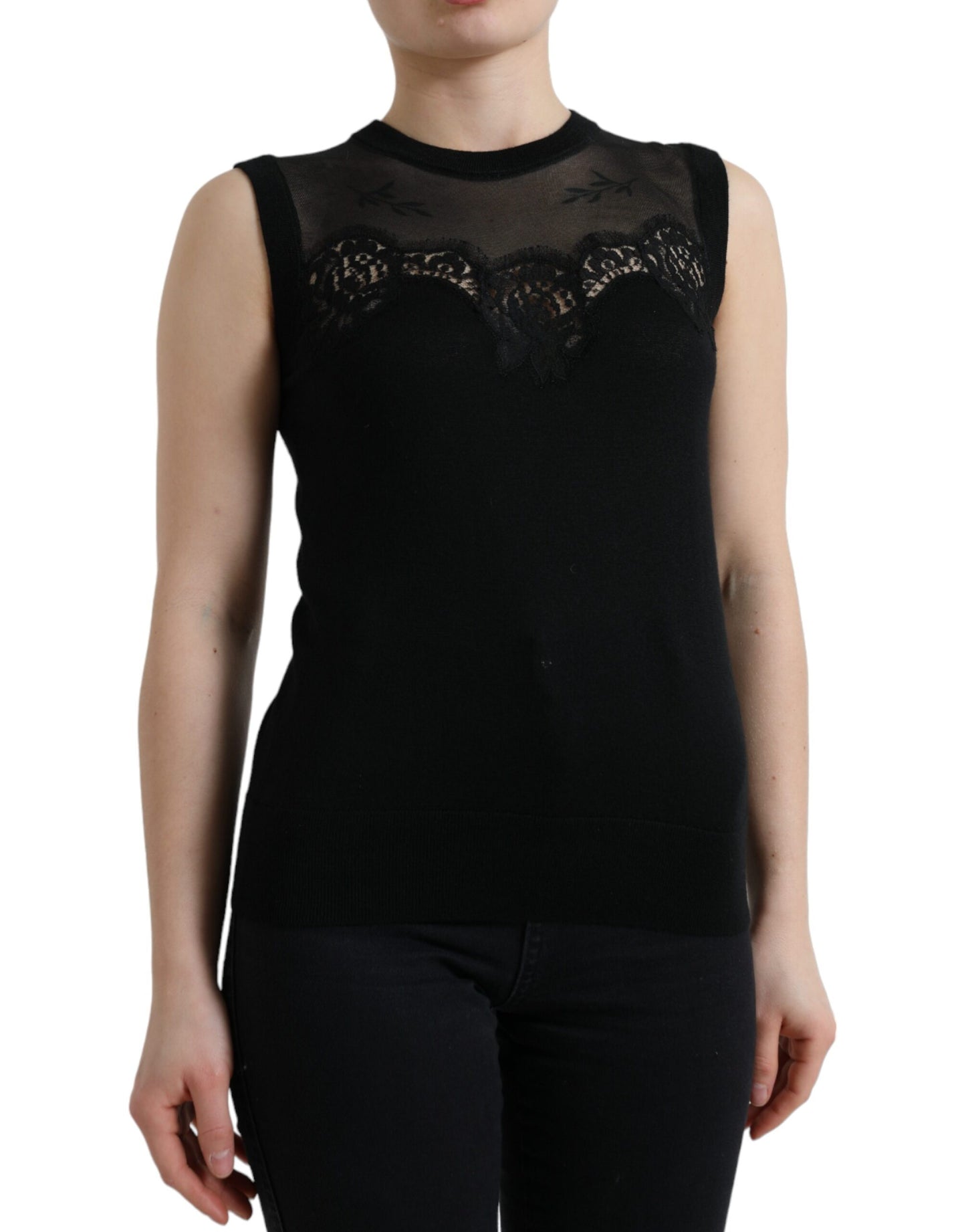 Dolce &amp; Gabbana Black Cashmere Lace Trim Sleeveless Tank Top