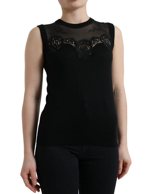 Dolce &amp; Gabbana Black Cashmere Lace Trim Sleeveless Tank Top