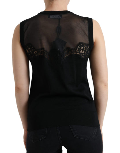 Dolce &amp; Gabbana Black Cashmere Lace Trim Sleeveless Tank Top
