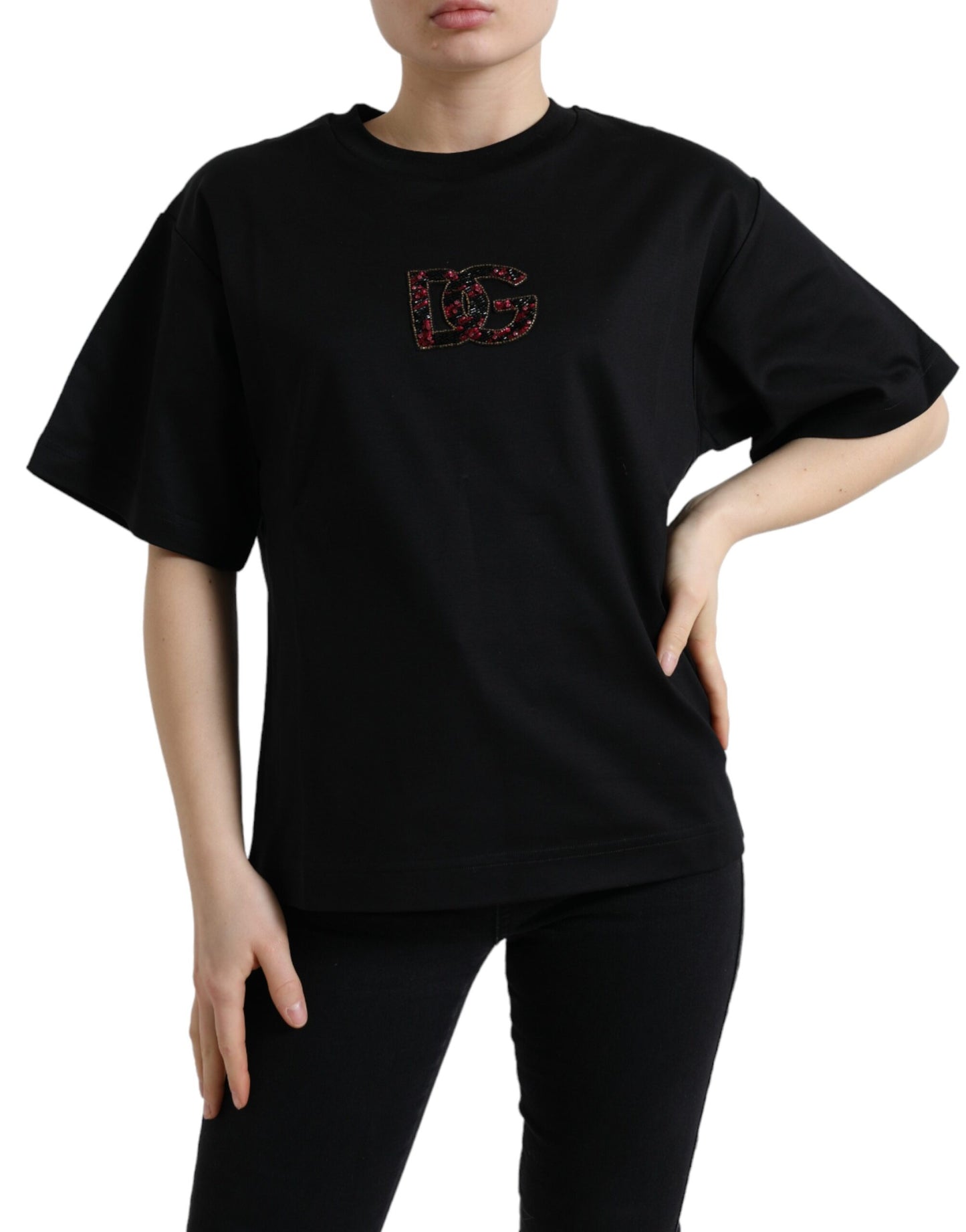 Dolce &amp; Gabbana Black Cotton DG Crystal Crewneck Tee T-shirt