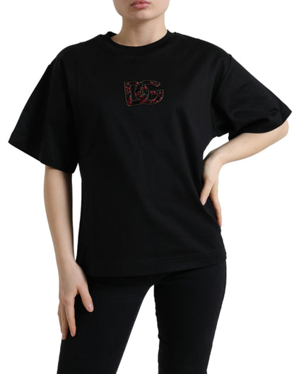 Dolce &amp; Gabbana Black Cotton DG Crystal Crewneck Tee T-shirt