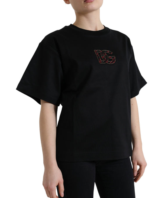 Dolce &amp; Gabbana Black Cotton DG Crystal Crewneck Tee T-shirt
