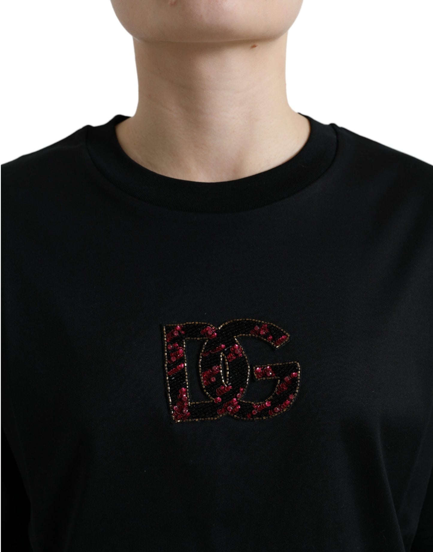Dolce &amp; Gabbana Black Cotton DG Crystal Crewneck Tee T-shirt