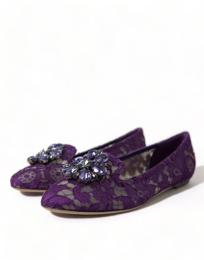 Dolce &amp; Gabbana Lila Vally Taormina Spitze Kristalle Flats Schuhe