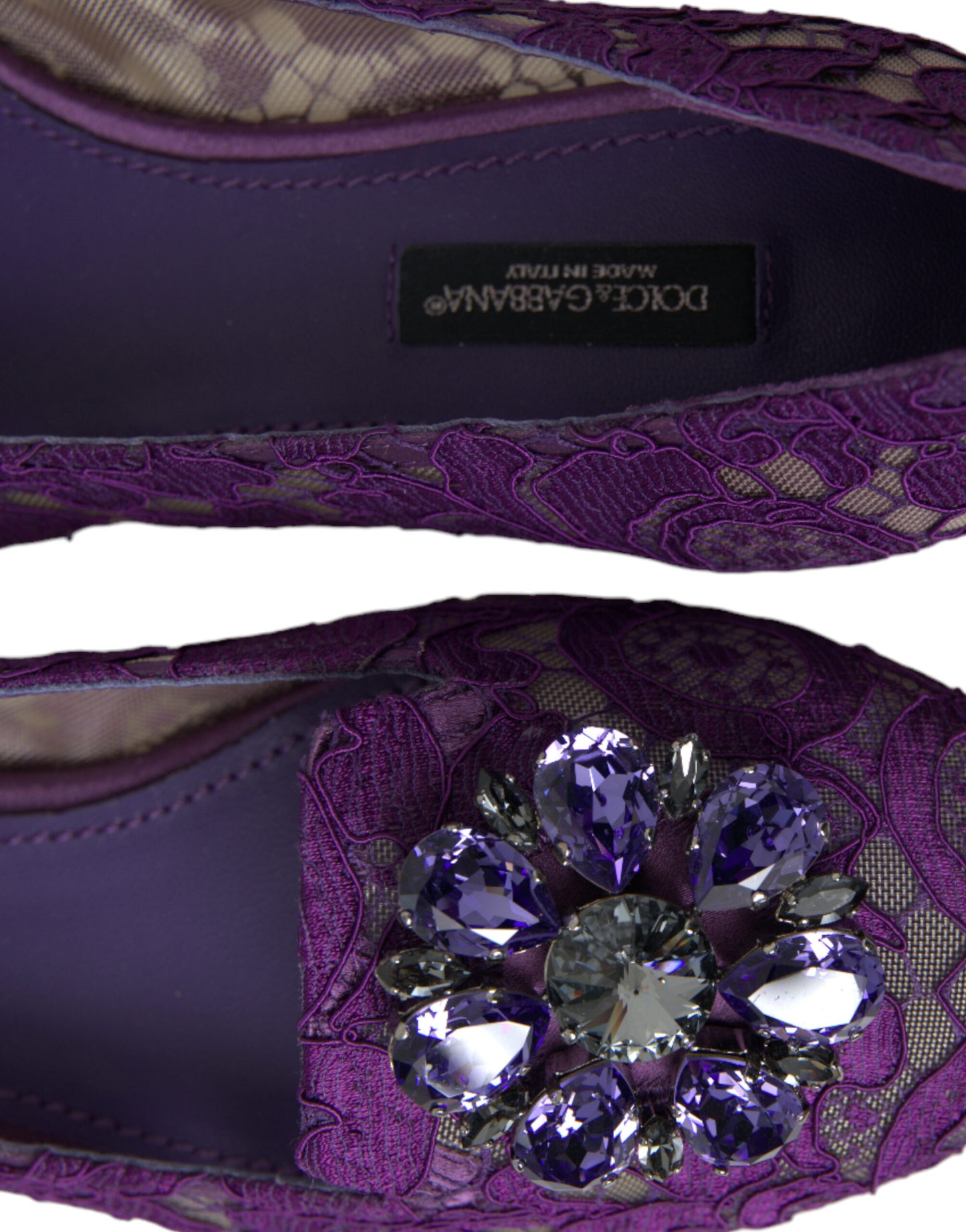Dolce &amp; Gabbana Lila Vally Taormina Spitze Kristalle Flats Schuhe