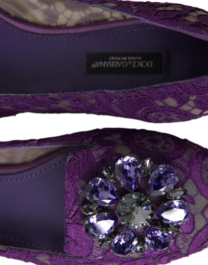 Dolce &amp; Gabbana Lila Vally Taormina Spitze Kristalle Flats Schuhe