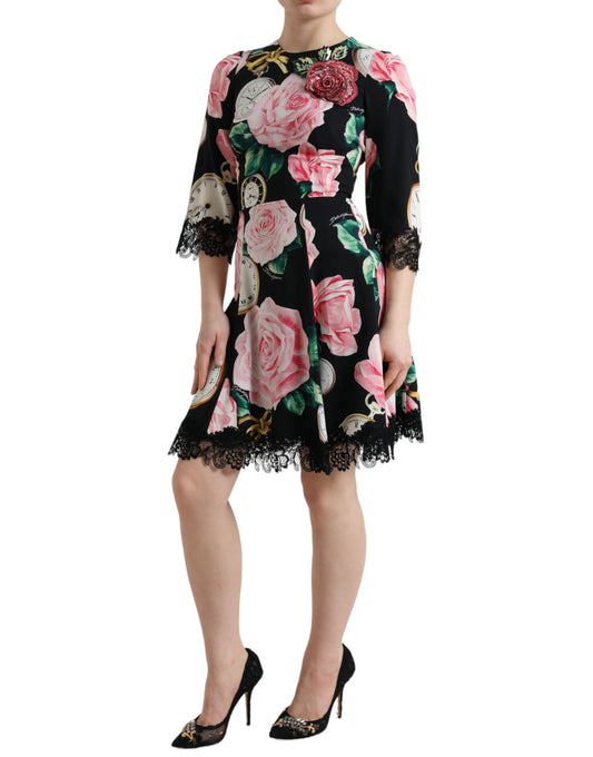 Dolce &amp; Gabbana Black Floral Embellished Lace A-line Dress