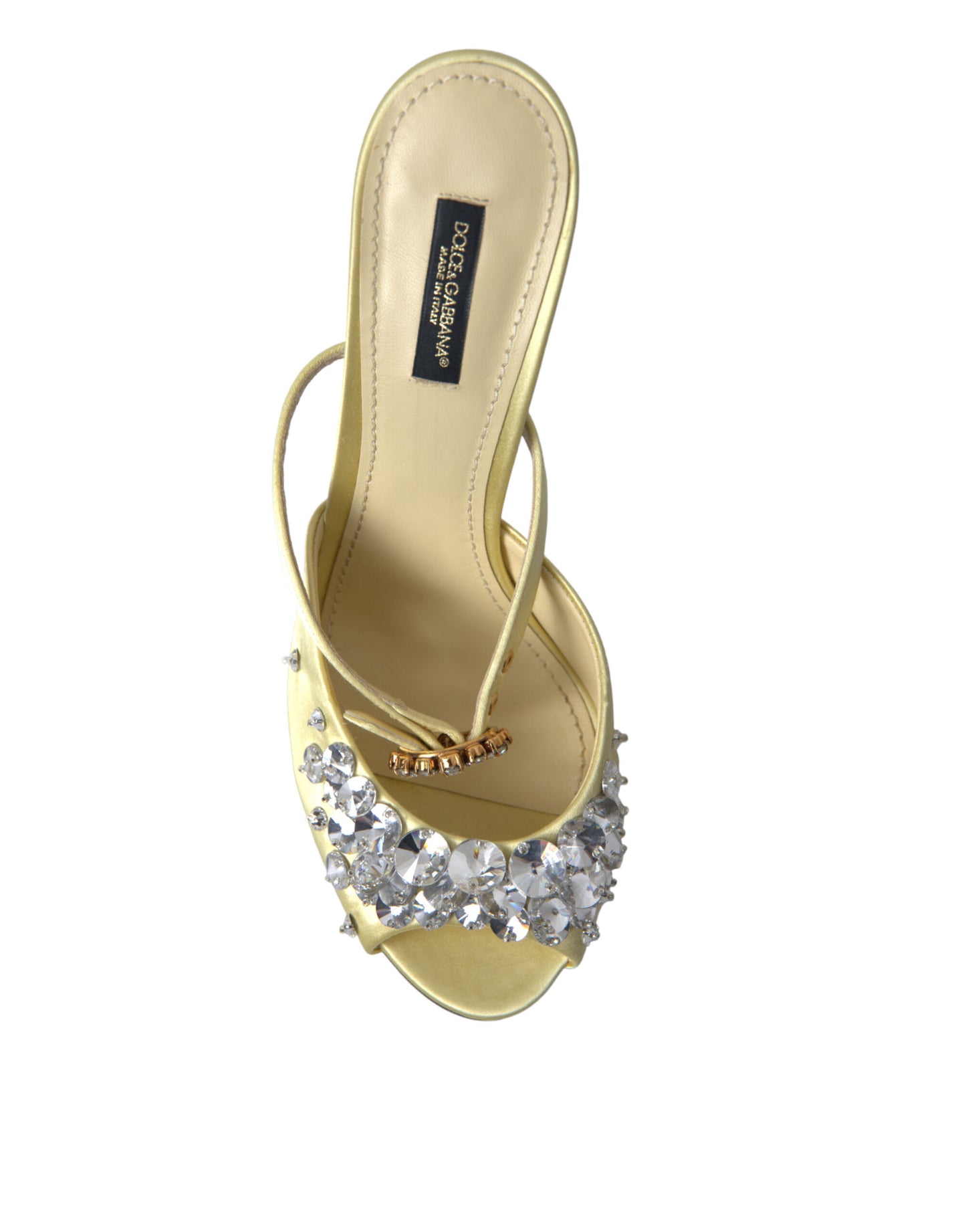 Dolce &amp; Gabbana – Mary-Janes-Sandalen aus gelbem Satin mit Kristallen