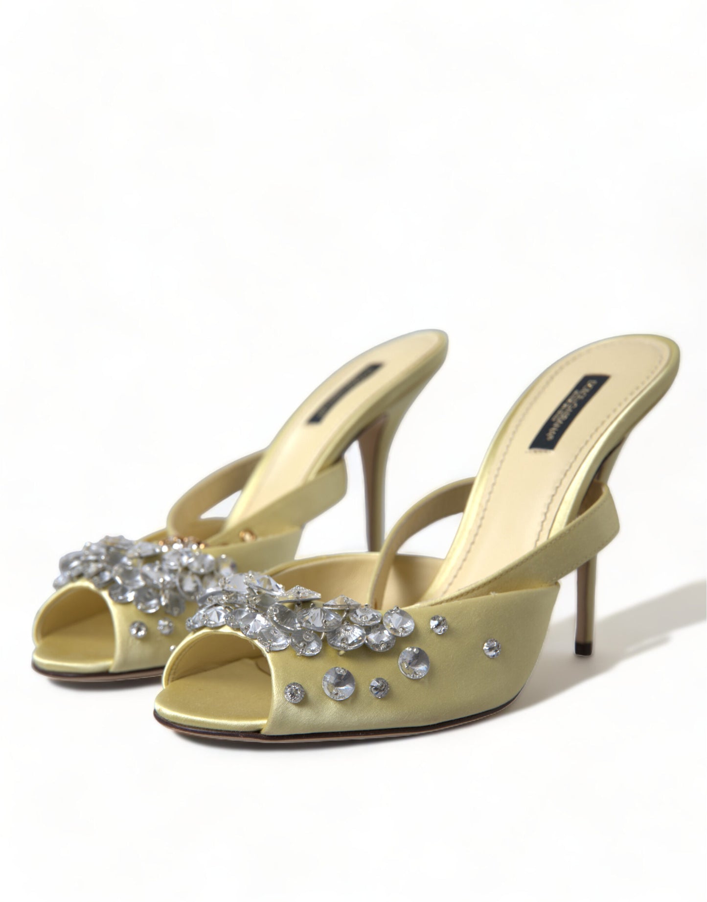Dolce &amp; Gabbana – Mary-Janes-Sandalen aus gelbem Satin mit Kristallen