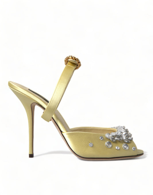 Dolce &amp; Gabbana – Mary-Janes-Sandalen aus gelbem Satin mit Kristallen