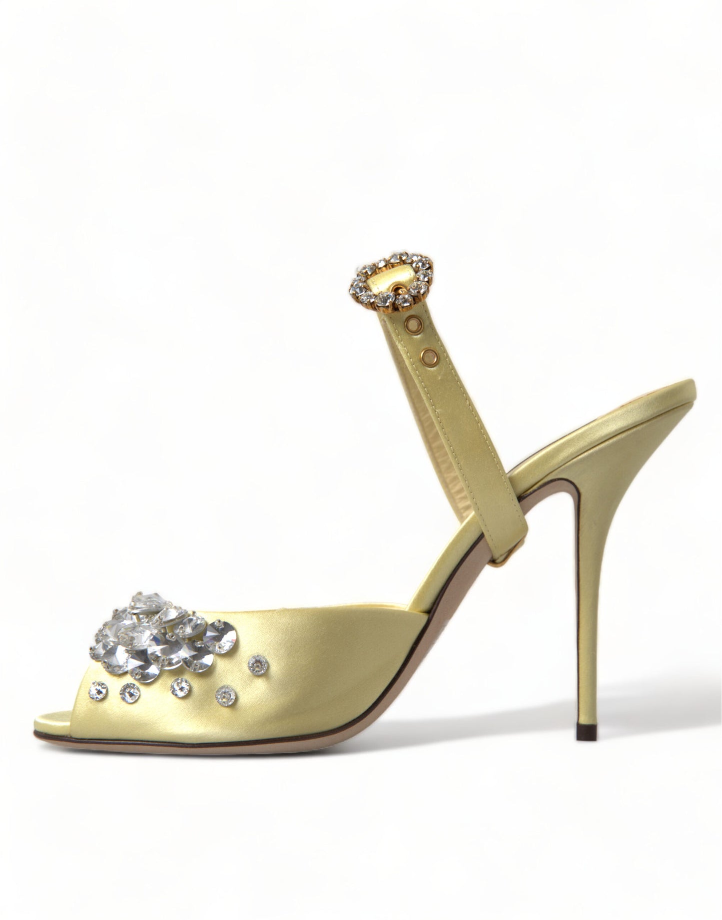 Dolce &amp; Gabbana – Mary-Janes-Sandalen aus gelbem Satin mit Kristallen