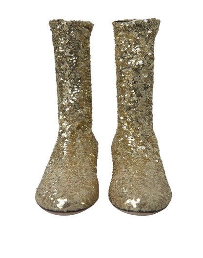 Dolce &amp; Gabbana Gold Sequined Short Boots Stretch Shoes