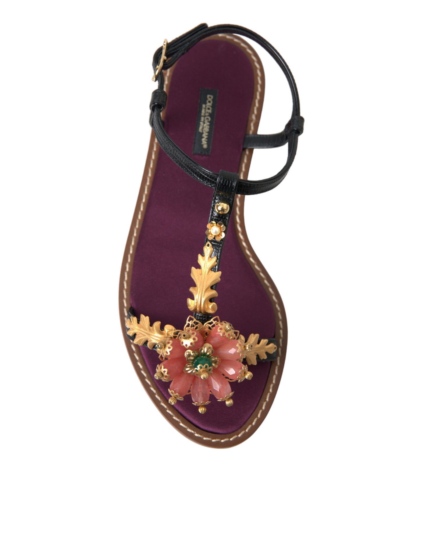 Dolce &amp; Gabbana Schwarze Kristallgold-Sandalen Lederschuhe