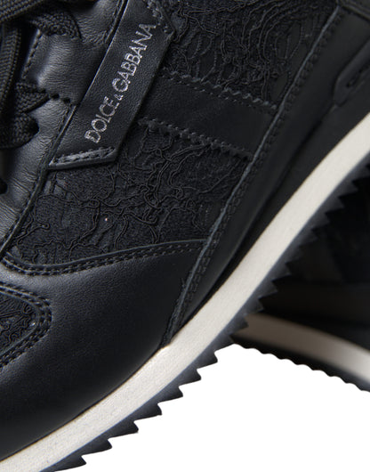 Dolce &amp; Gabbana Schwarze Sneakers aus Leder mit Blumenspitze
