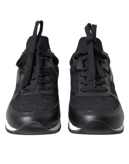 Dolce &amp; Gabbana Schwarze Sneakers aus Leder mit Blumenspitze