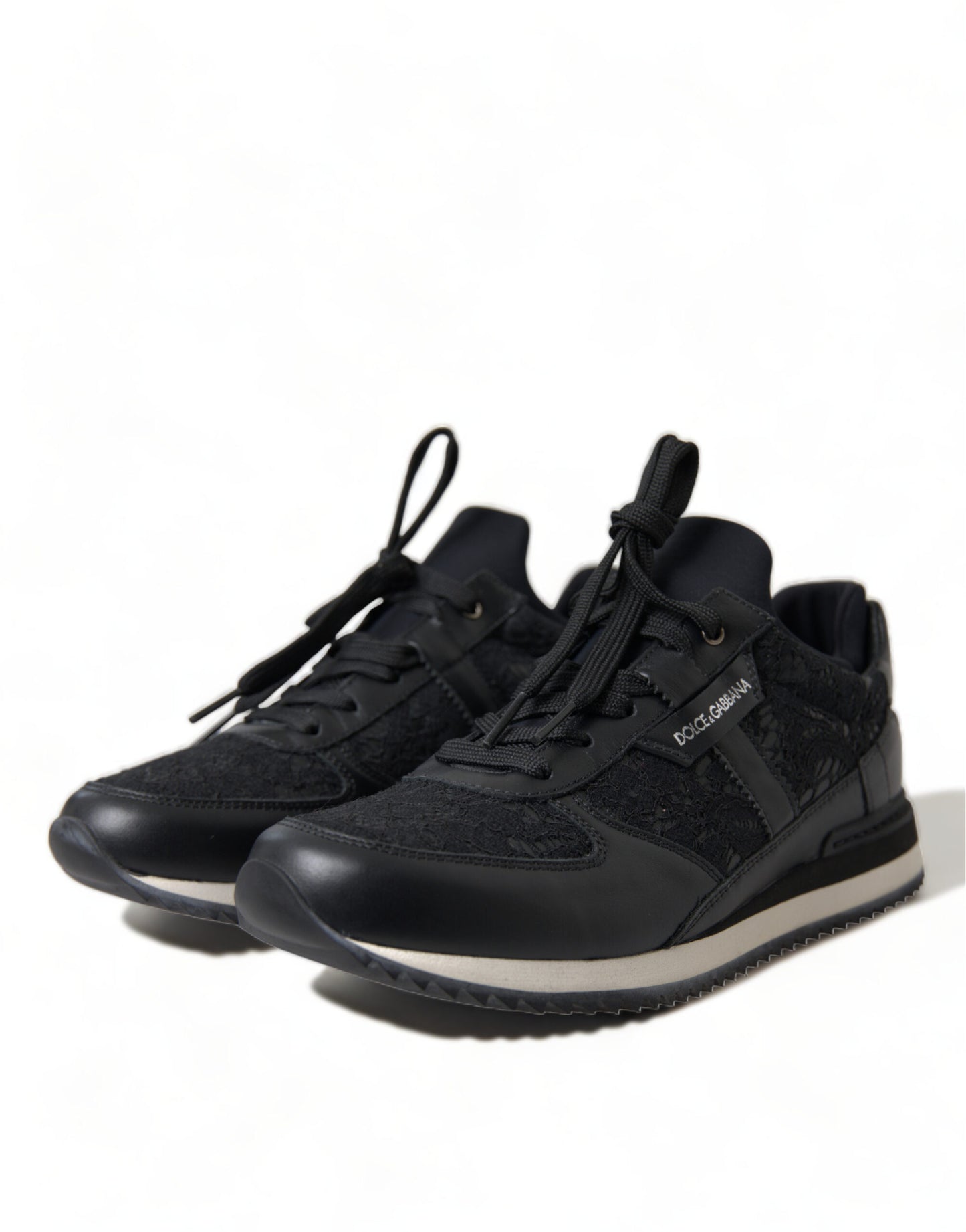 Dolce &amp; Gabbana Schwarze Sneakers aus Leder mit Blumenspitze