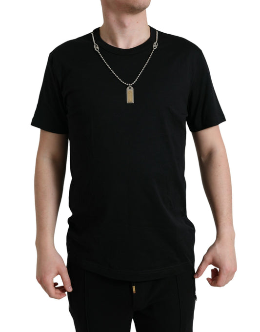 Dolce &amp; Gabbana – Schwarzes T-Shirt mit Rundhalsausschnitt aus Baumwolle mit Hundemarke