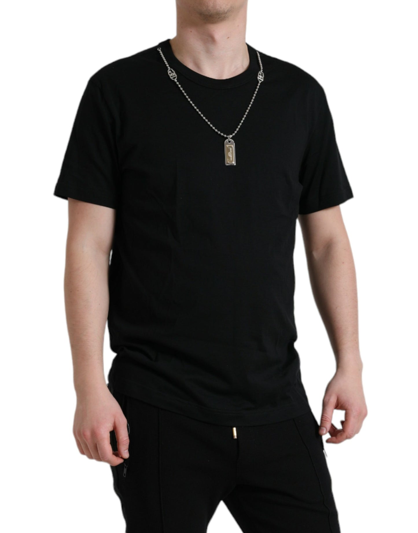 Dolce &amp; Gabbana – Schwarzes T-Shirt mit Rundhalsausschnitt aus Baumwolle mit Hundemarke