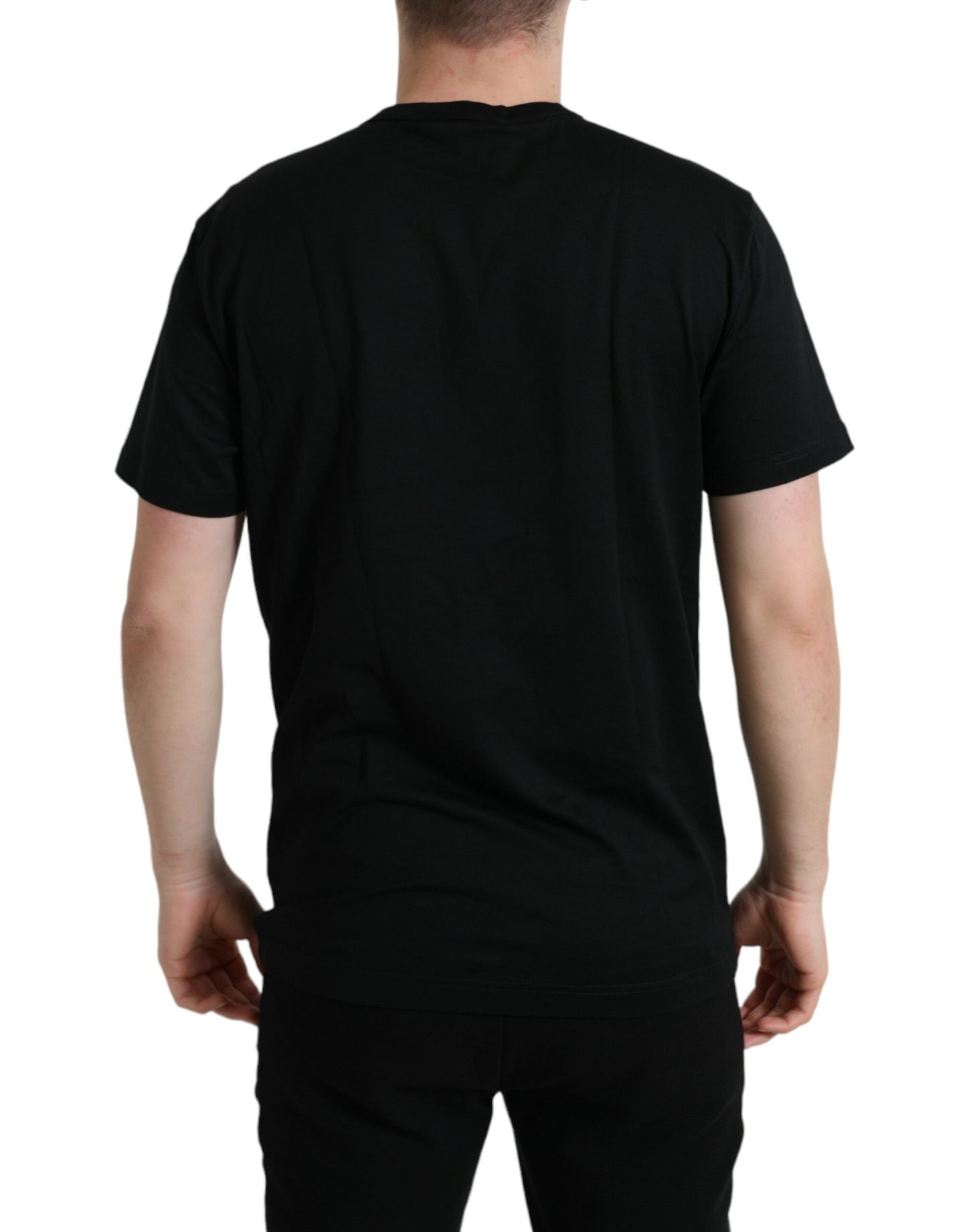 Dolce &amp; Gabbana – Schwarzes T-Shirt mit Rundhalsausschnitt aus Baumwolle mit Hundemarke