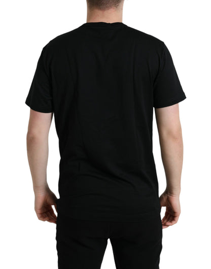 Dolce &amp; Gabbana – Schwarzes T-Shirt mit Rundhalsausschnitt aus Baumwolle mit Hundemarke