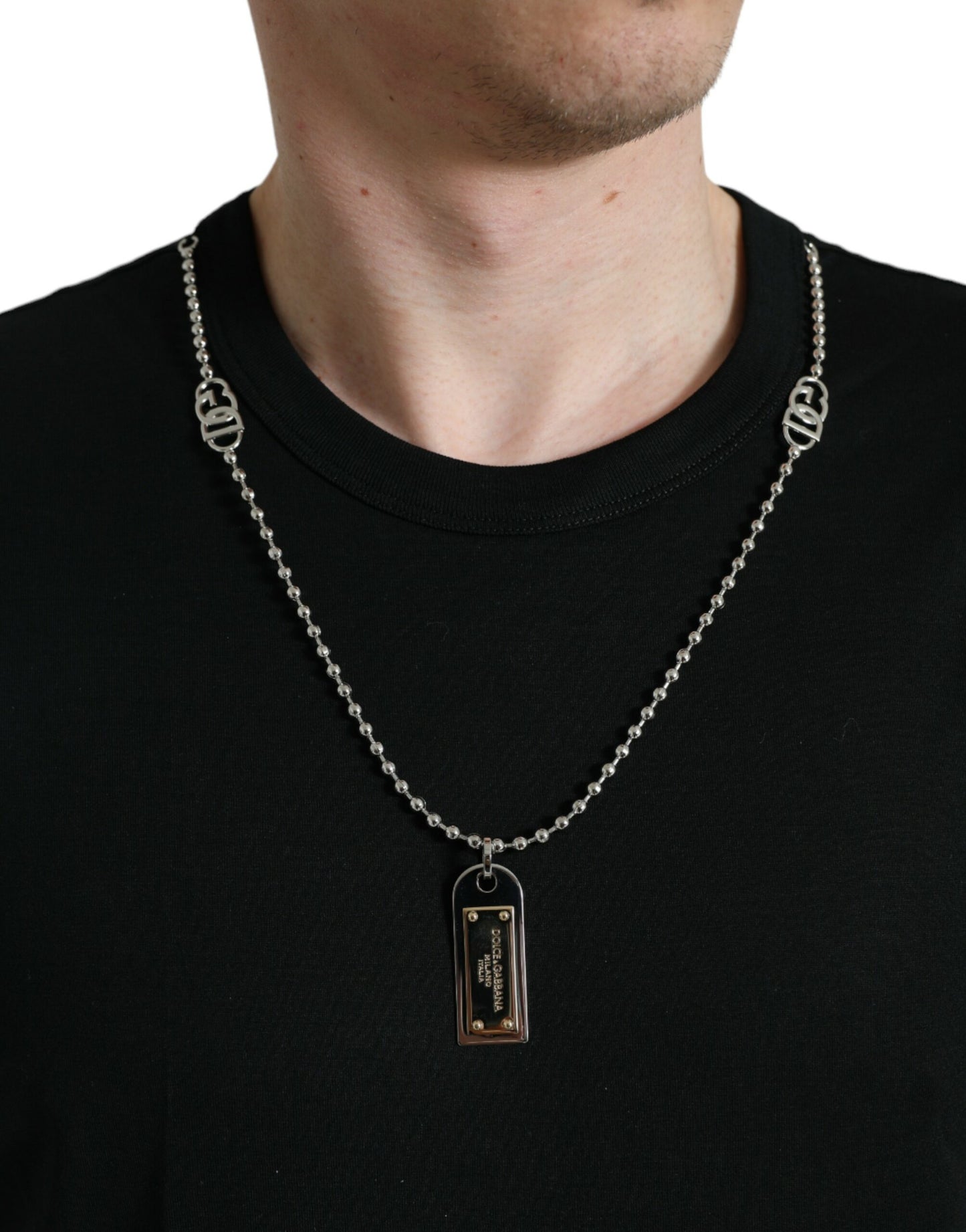 Dolce &amp; Gabbana – Schwarzes T-Shirt mit Rundhalsausschnitt aus Baumwolle mit Hundemarke