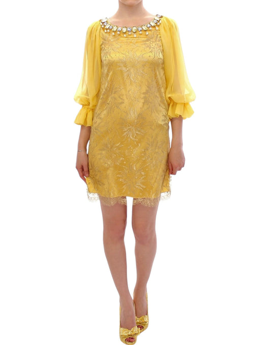 Dolce &amp; Gabbana Gelbes Minikleid aus Spitze mit Kristallen
