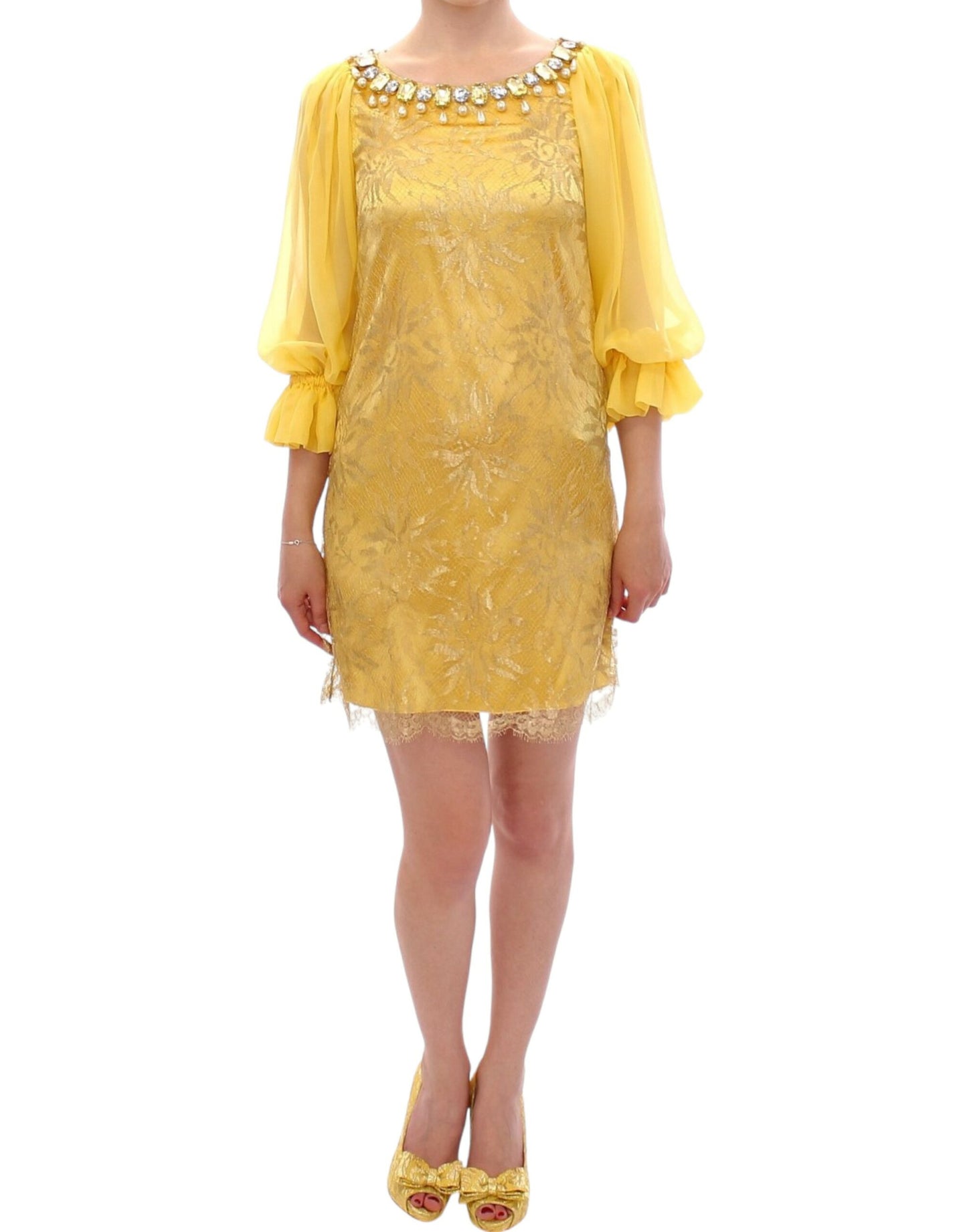 Dolce &amp; Gabbana Gelbes Minikleid aus Spitze mit Kristallen