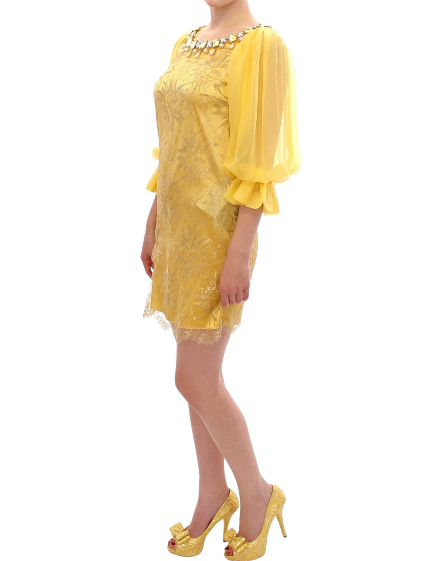 Dolce &amp; Gabbana Gelbes Minikleid aus Spitze mit Kristallen