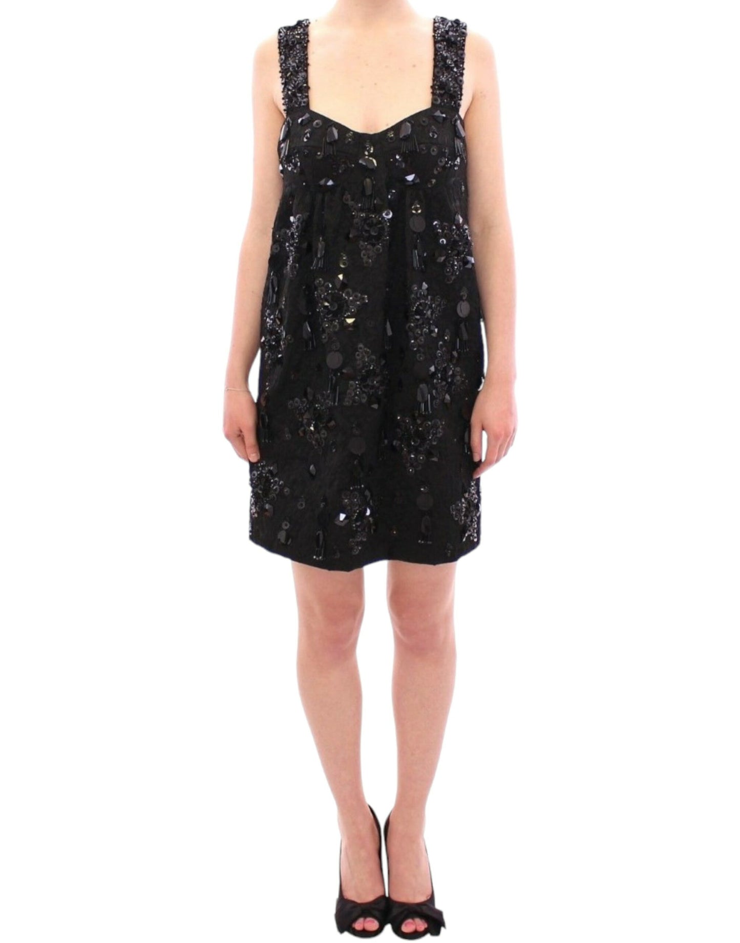 Dolce &amp; Gabbana Schwarzes Kleid mit Blumen- und Kristallbesatz