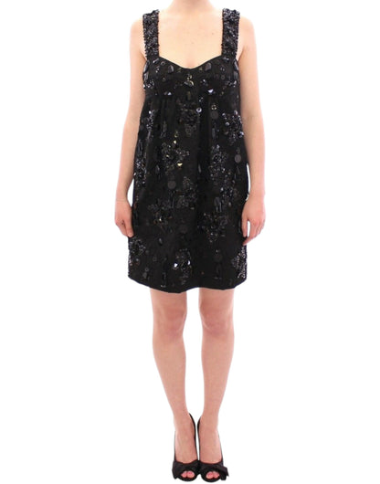 Dolce &amp; Gabbana Schwarzes Kleid mit Blumen- und Kristallbesatz