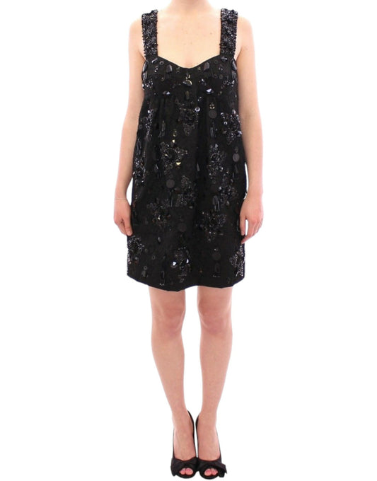 Dolce &amp; Gabbana Schwarzes Kleid mit Blumen- und Kristallbesatz