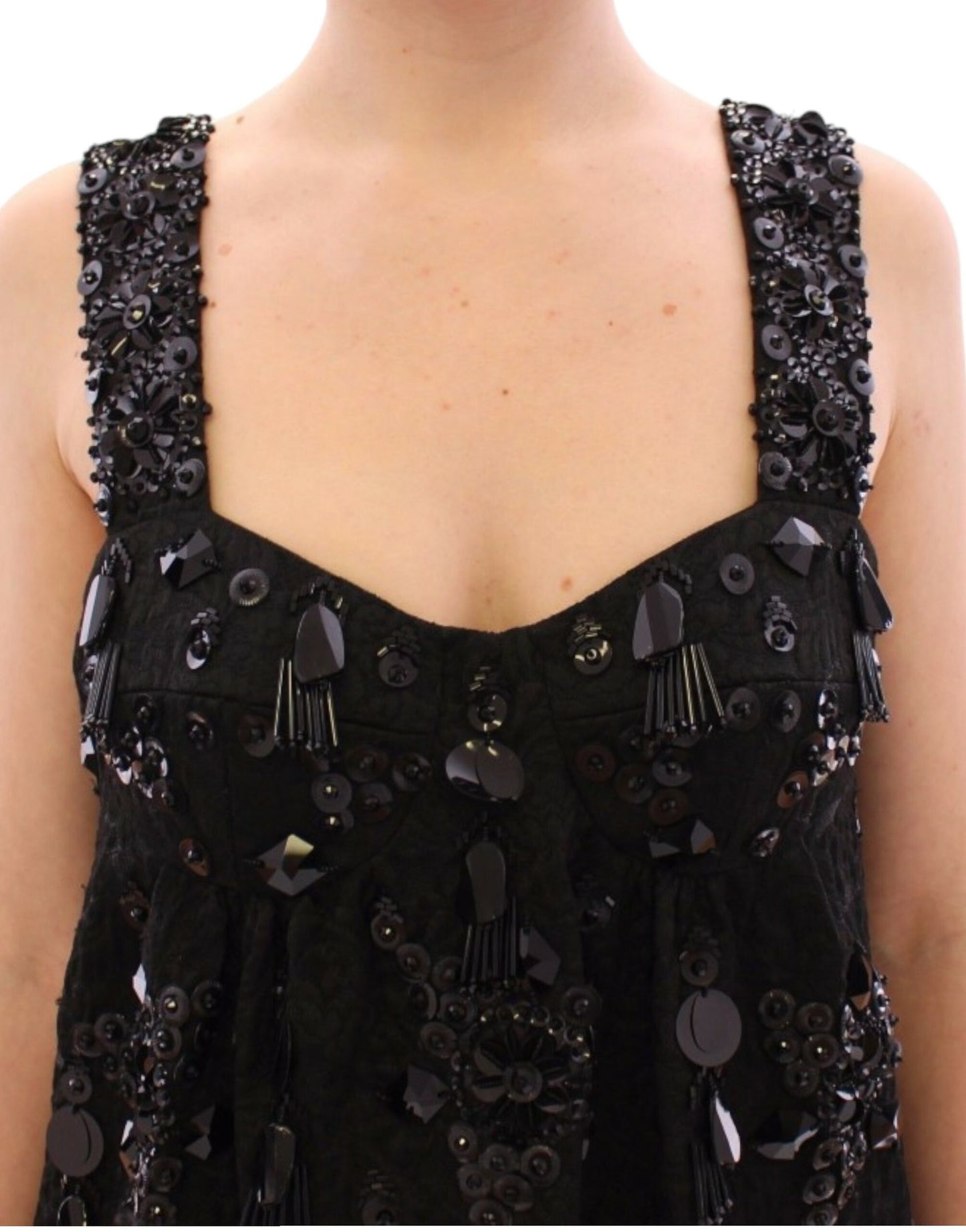 Dolce &amp; Gabbana Schwarzes Kleid mit Blumen- und Kristallbesatz
