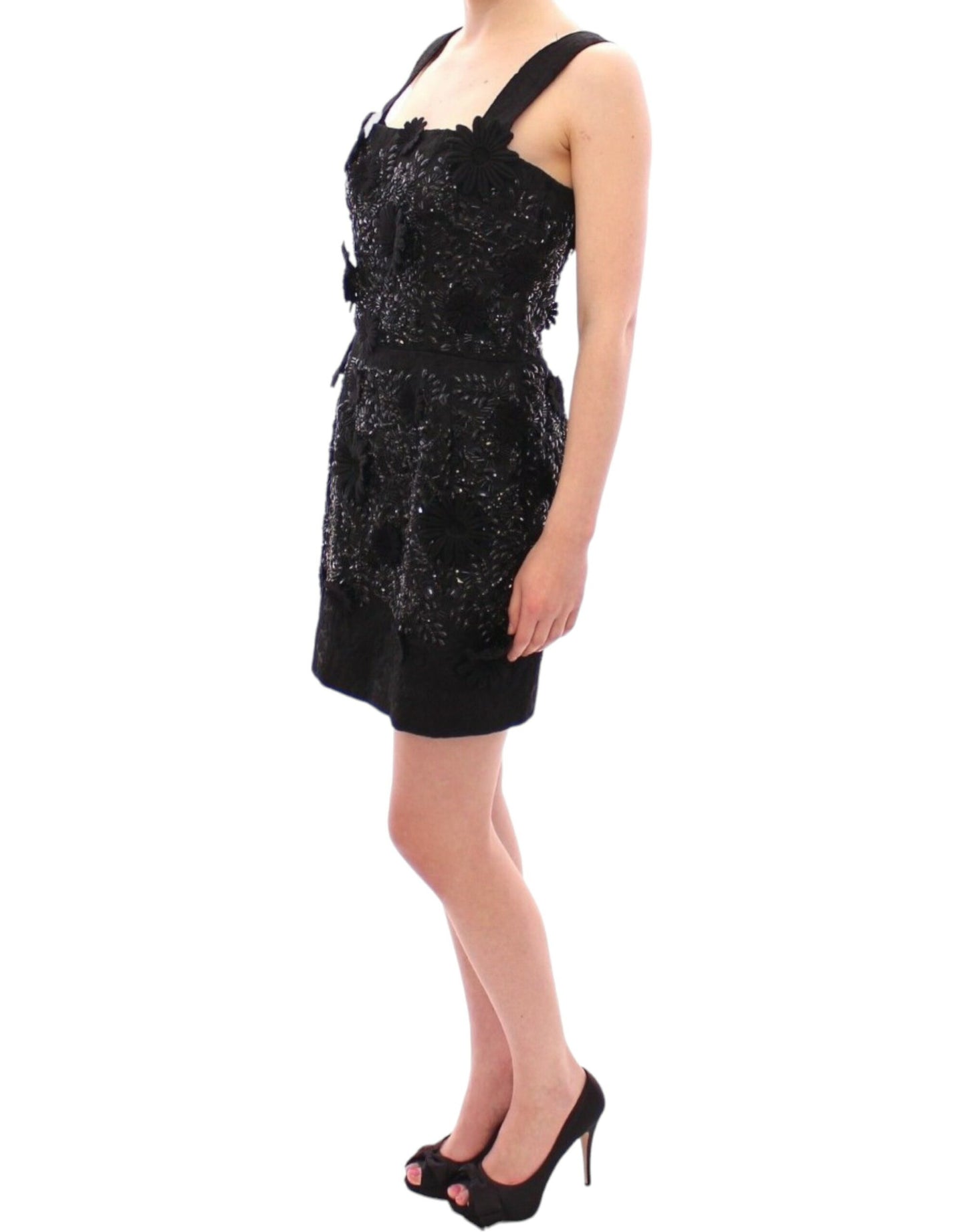 Dolce &amp; Gabbana Schwarzes Kleid mit Blumen- und Kristallbesatz