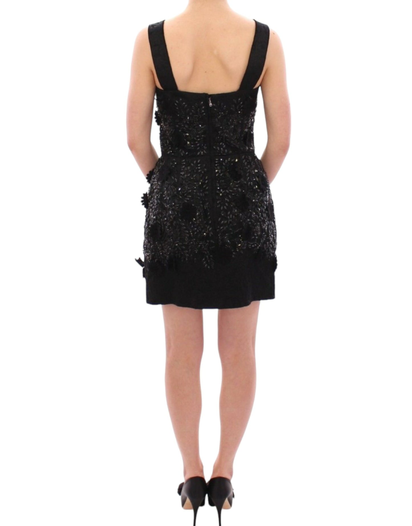 Dolce &amp; Gabbana Schwarzes Kleid mit Blumen- und Kristallbesatz