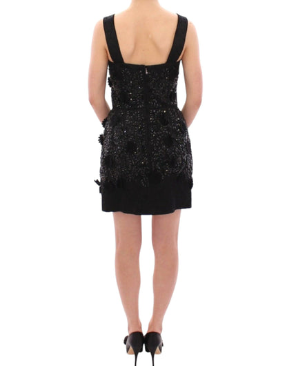 Dolce &amp; Gabbana Schwarzes Kleid mit Blumen- und Kristallbesatz