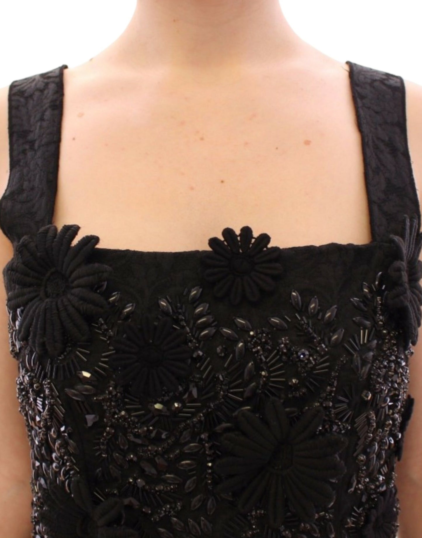 Dolce &amp; Gabbana Schwarzes Kleid mit Blumen- und Kristallbesatz