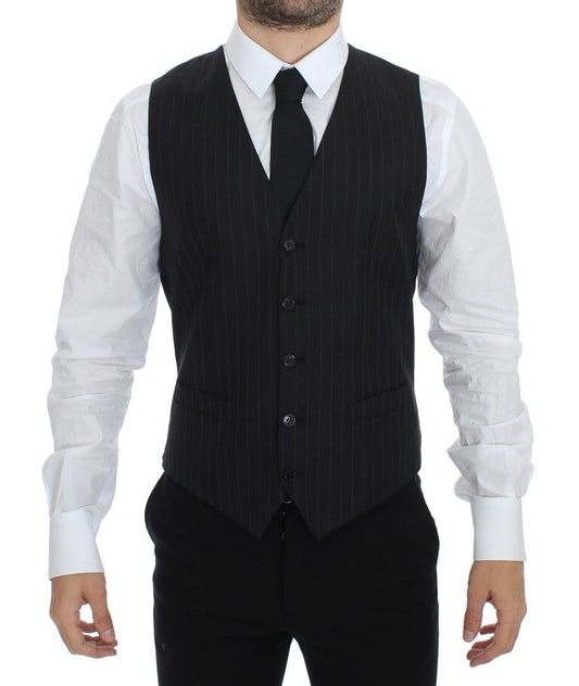 Dolce &amp; Gabbana – Schwarze Weste aus gestreifter Wolle und Seide